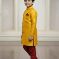 Vibrant Yellow Boys Indo Western with Maroon Pyjama For Wedding Wear