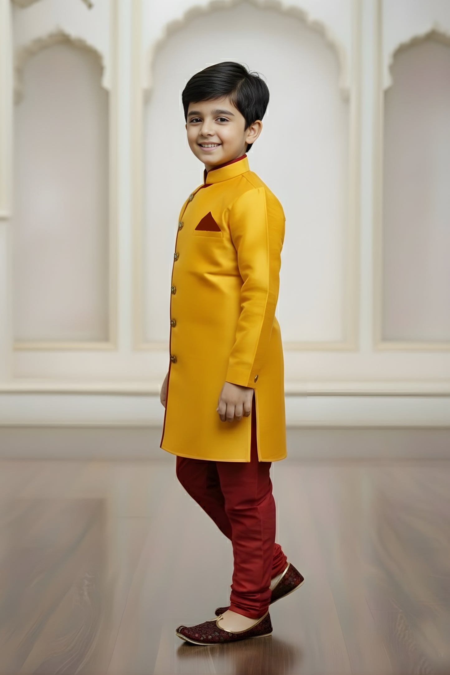 Vibrant Yellow Boys Indo Western with Maroon Pyjama For Wedding Wear