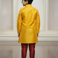 Vibrant Yellow Boys Indo Western with Maroon Pyjama For Wedding Wear