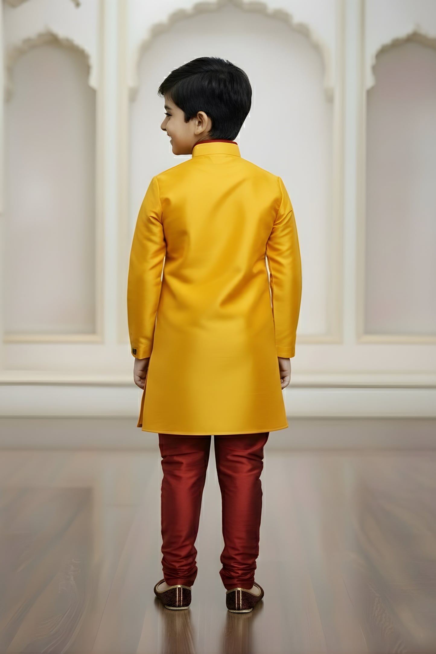 Vibrant Yellow Boys Indo Western with Maroon Pyjama For Wedding Wear