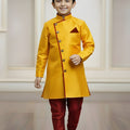 Vibrant Yellow Boys Indo Western with Maroon Pyjama For Wedding Wear