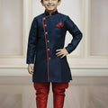 Royal Navy Blue Boys Indo Western with Maroon Pyjama For Wedding Wear