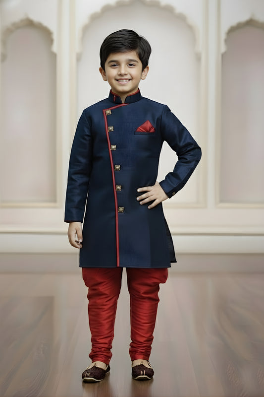 Royal Navy Blue Boys Indo Western with Maroon Pyjama For Wedding Wear