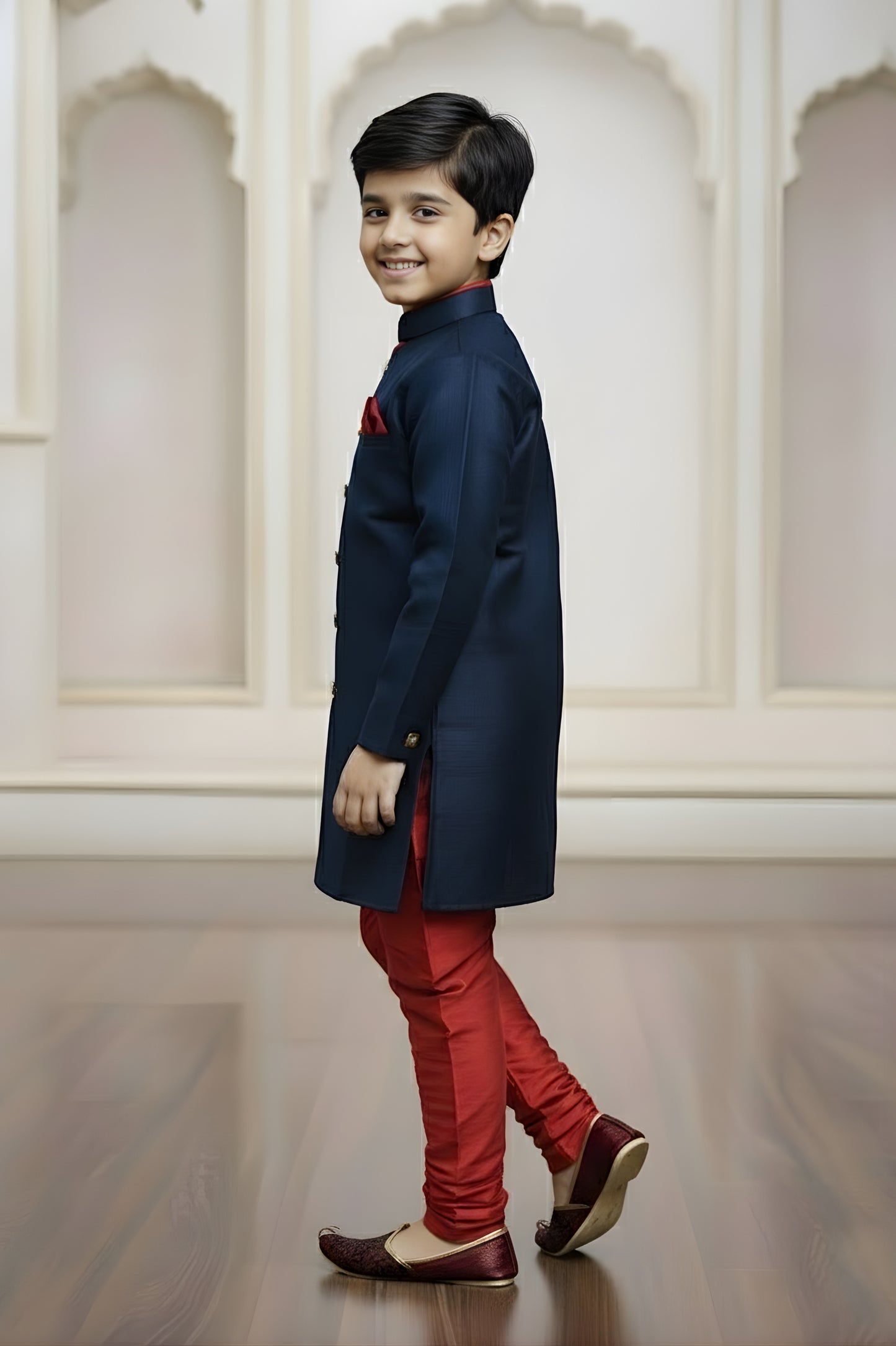 Royal Navy Blue Boys Indo Western with Maroon Pyjama For Wedding Wear
