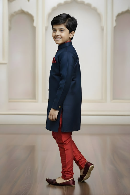 Royal Navy Blue Boys Indo Western with Maroon Pyjama For Wedding Wear