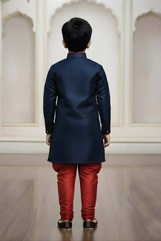 Royal Navy Blue Boys Indo Western with Maroon Pyjama For Wedding Wear