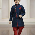 Royal Navy Blue Boys Indo Western with Maroon Pyjama For Wedding Wear
