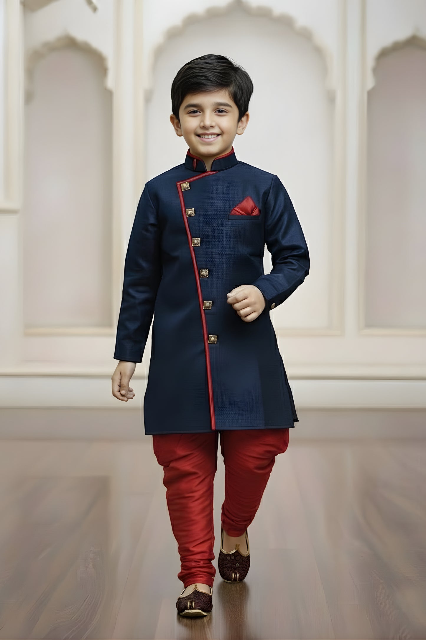 Royal Navy Blue Boys Indo Western with Maroon Pyjama For Wedding Wear