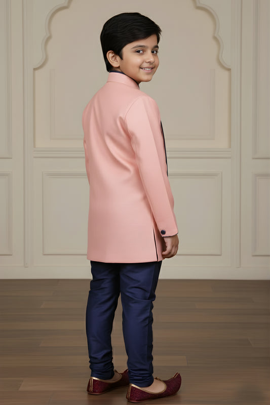 Lovely Pink and Navy Blue Boys Indo Western with Maroon Pyjama For Wedding Wear