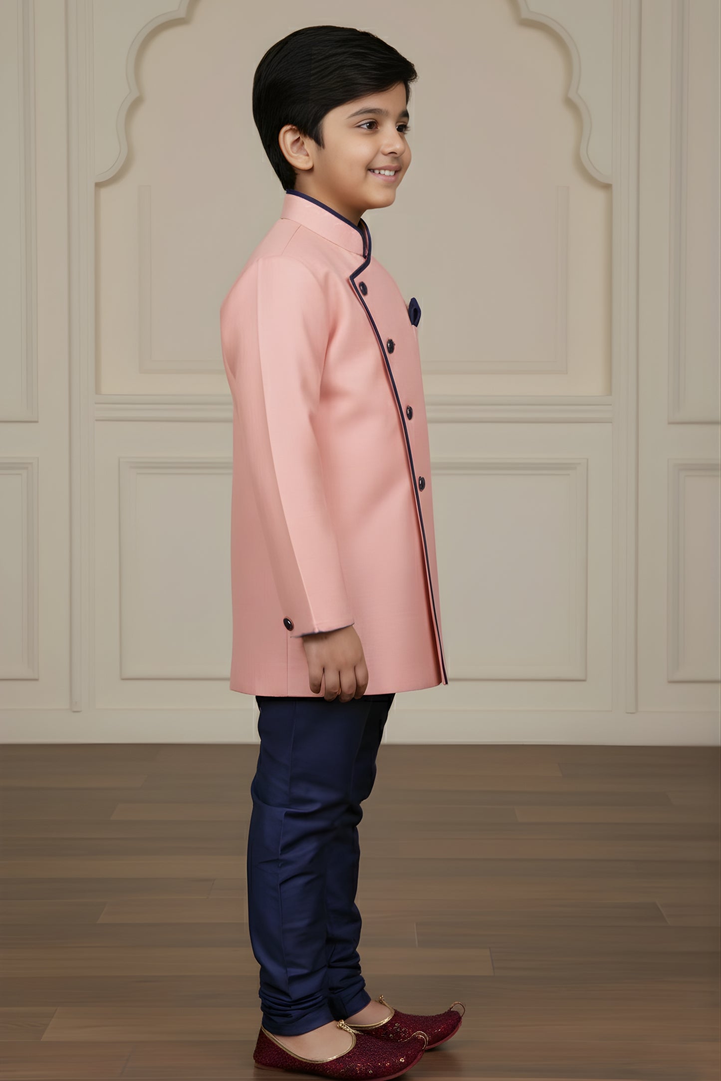 Lovely Pink and Navy Blue Boys Indo Western with Maroon Pyjama For Wedding Wear