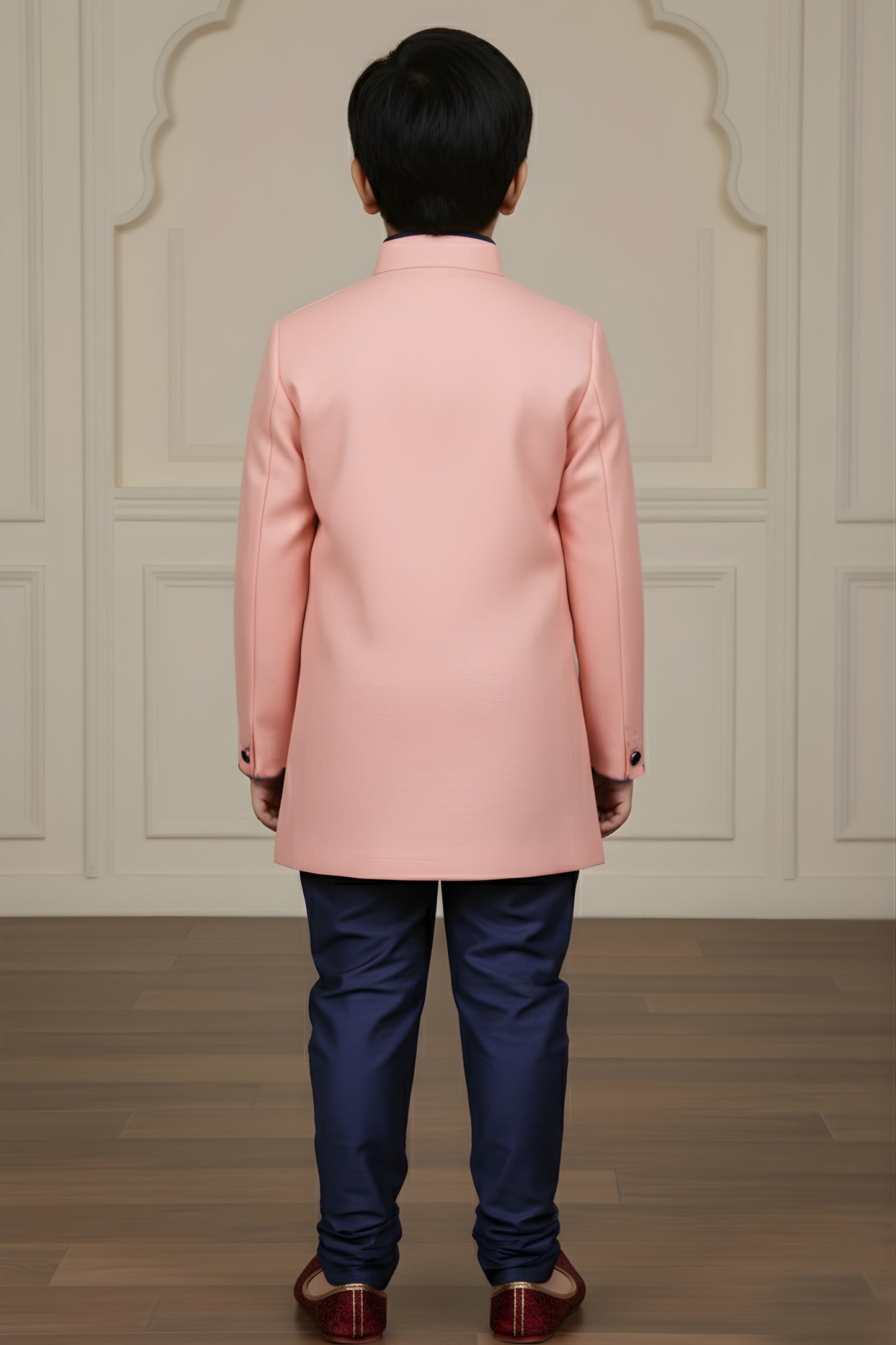 Lovely Pink and Navy Blue Boys Indo Western with Maroon Pyjama For Wedding Wear