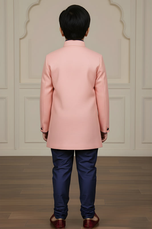 Lovely Pink and Navy Blue Boys Indo Western with Maroon Pyjama For Wedding Wear
