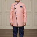 Lovely Pink and Navy Blue Boys Indo Western with Maroon Pyjama For Wedding Wear