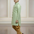 Fancy Mint Green and Golden Boys Indo Western with Maroon Pyjama For Wedding Wear