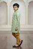 Fancy Mint Green and Golden Boys Indo Western with Maroon Pyjama For Wedding Wear