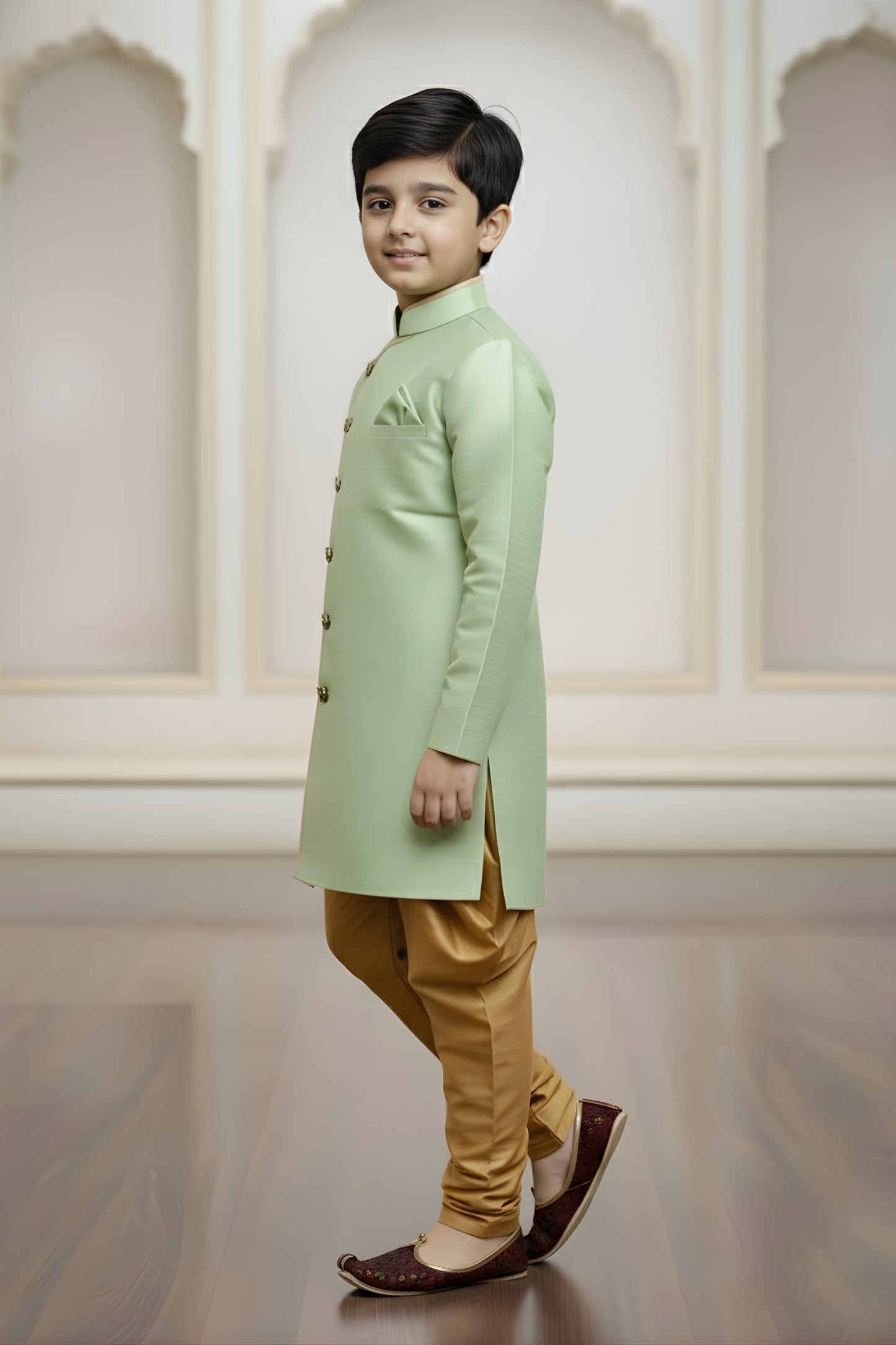 Fancy Mint Green and Golden Boys Indo Western with Maroon Pyjama For Wedding Wear