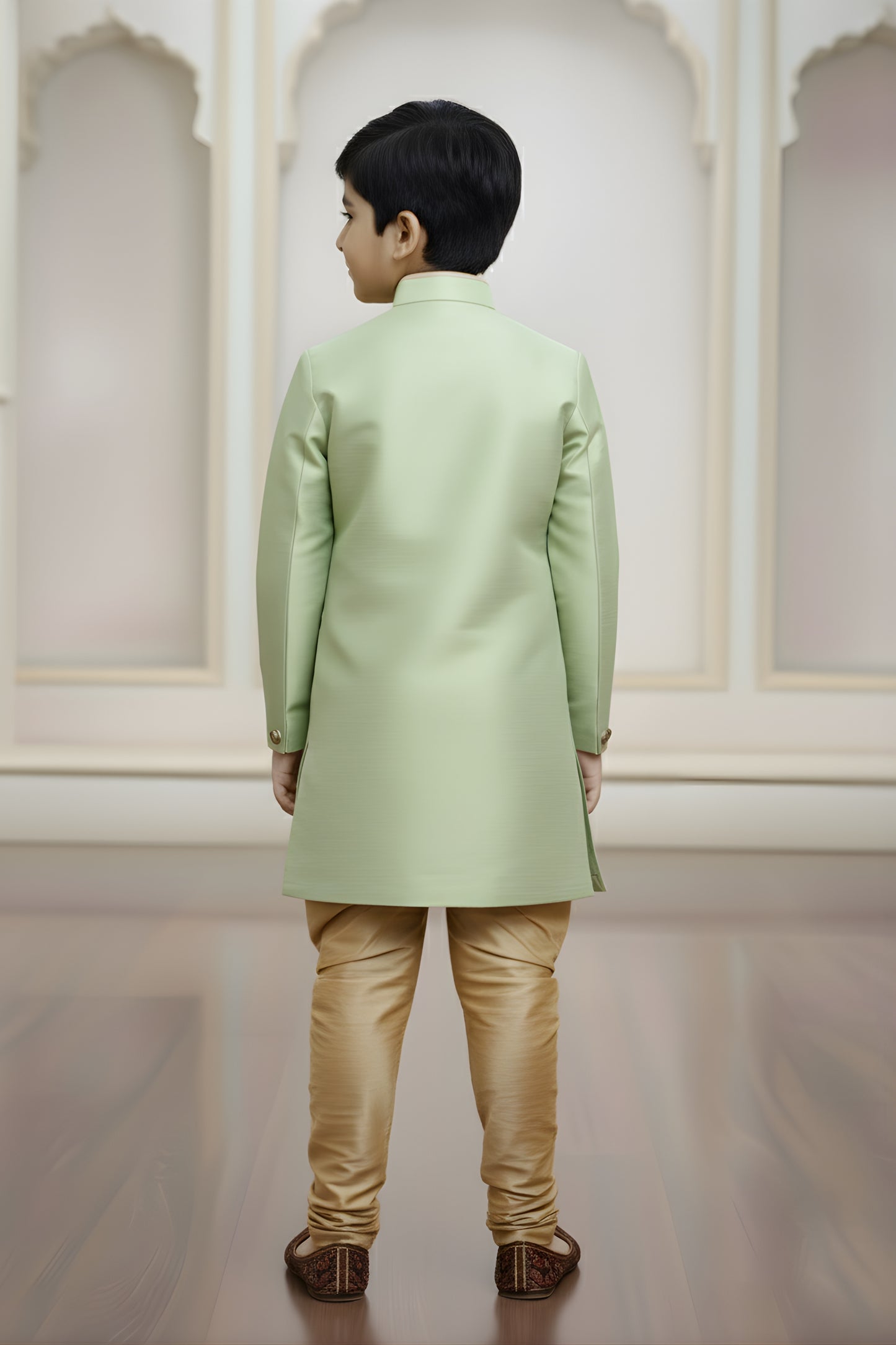 Fancy Mint Green and Golden Boys Indo Western with Maroon Pyjama For Wedding Wear