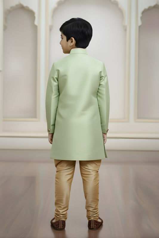 Fancy Mint Green and Golden Boys Indo Western with Maroon Pyjama For Wedding Wear