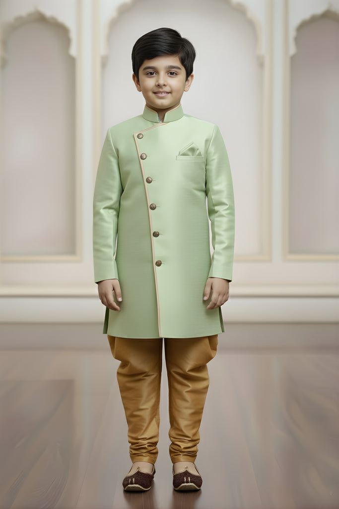 Fancy Mint Green and Golden Boys Indo Western with Maroon Pyjama For Wedding Wear