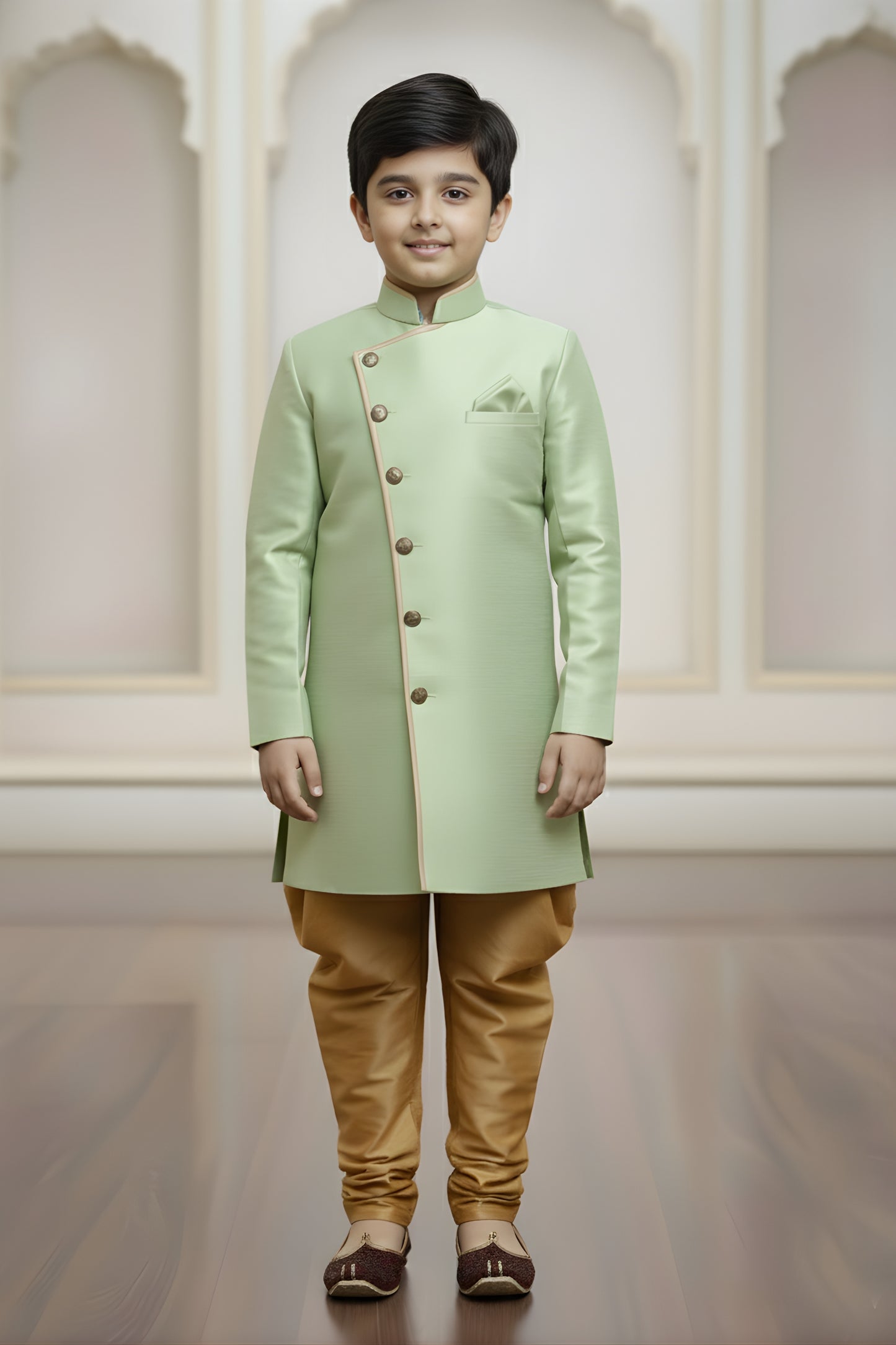 Fancy Mint Green and Golden Boys Indo Western with Maroon Pyjama For Wedding Wear