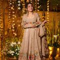 Trendy Beige Embroidered Crunchy Silk Anarkali Suit with Floral Work and Matching Dupatta