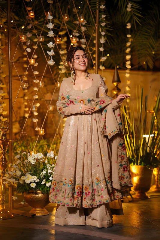 Trendy Beige Embroidered Crunchy Silk Anarkali Suit with Floral Work and Matching Dupatta