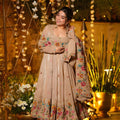 Trendy Beige Embroidered Crunchy Silk Anarkali Suit with Floral Work and Matching Dupatta