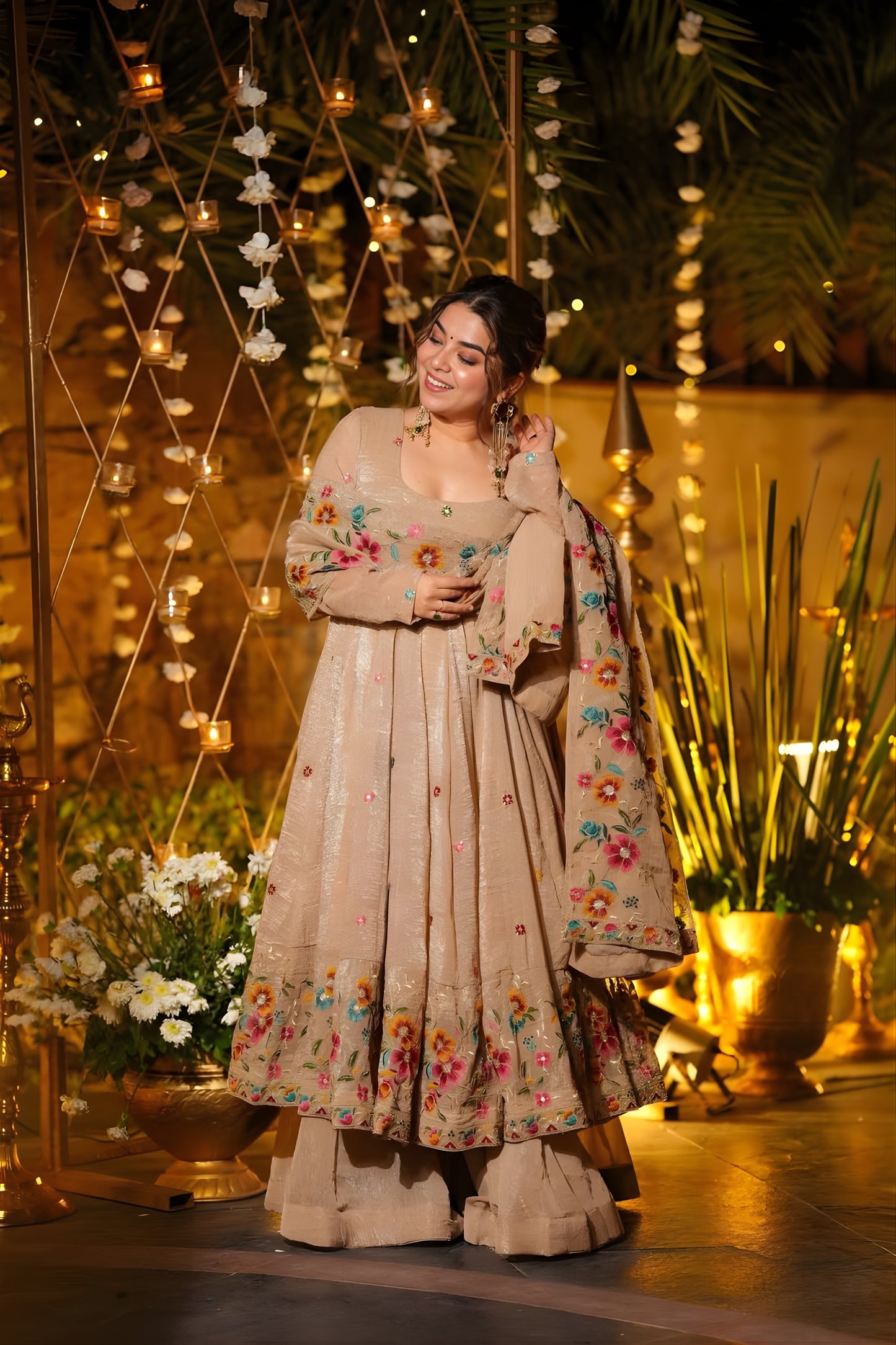 Trendy Beige Embroidered Crunchy Silk Anarkali Suit with Floral Work and Matching Dupatta
