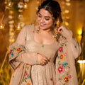 Trendy Beige Embroidered Crunchy Silk Anarkali Suit with Floral Work and Matching Dupatta