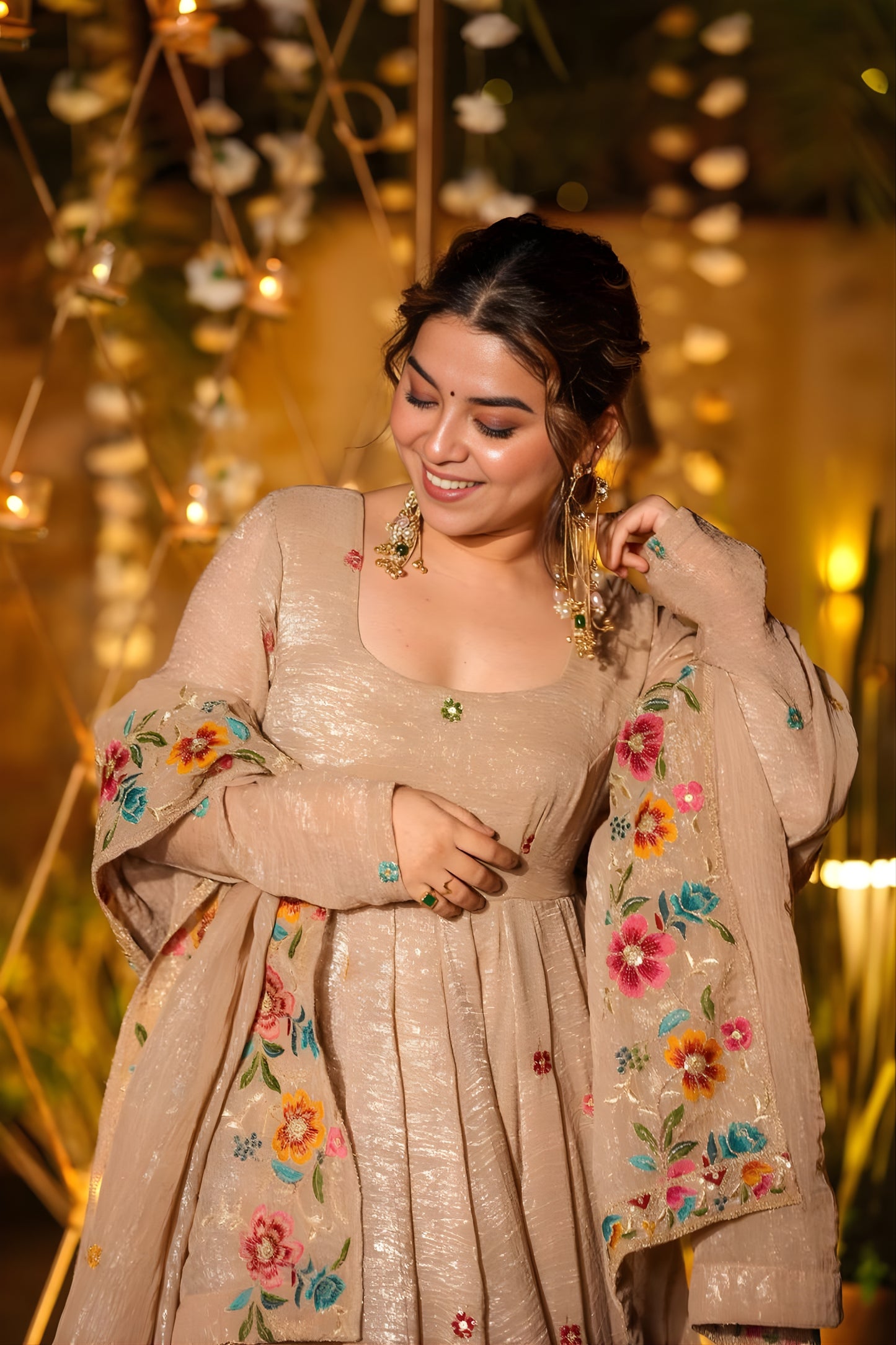 Trendy Beige Embroidered Crunchy Silk Anarkali Suit with Floral Work and Matching Dupatta