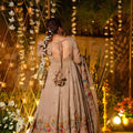 Trendy Beige Embroidered Crunchy Silk Anarkali Suit with Floral Work and Matching Dupatta