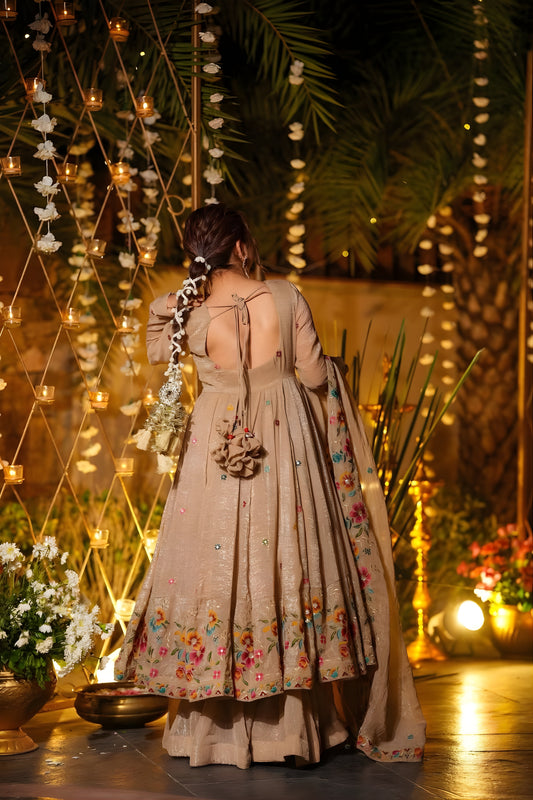 Trendy Beige Embroidered Crunchy Silk Anarkali Suit with Floral Work and Matching Dupatta