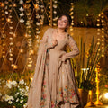 Trendy Beige Embroidered Crunchy Silk Anarkali Suit with Floral Work and Matching Dupatta