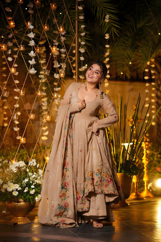 Trendy Beige Embroidered Crunchy Silk Anarkali Suit with Floral Work and Matching Dupatta