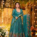 Superb Teal Green Embroidered Crunchy Silk Anarkali Suit with Floral Work and Matching Dupatta