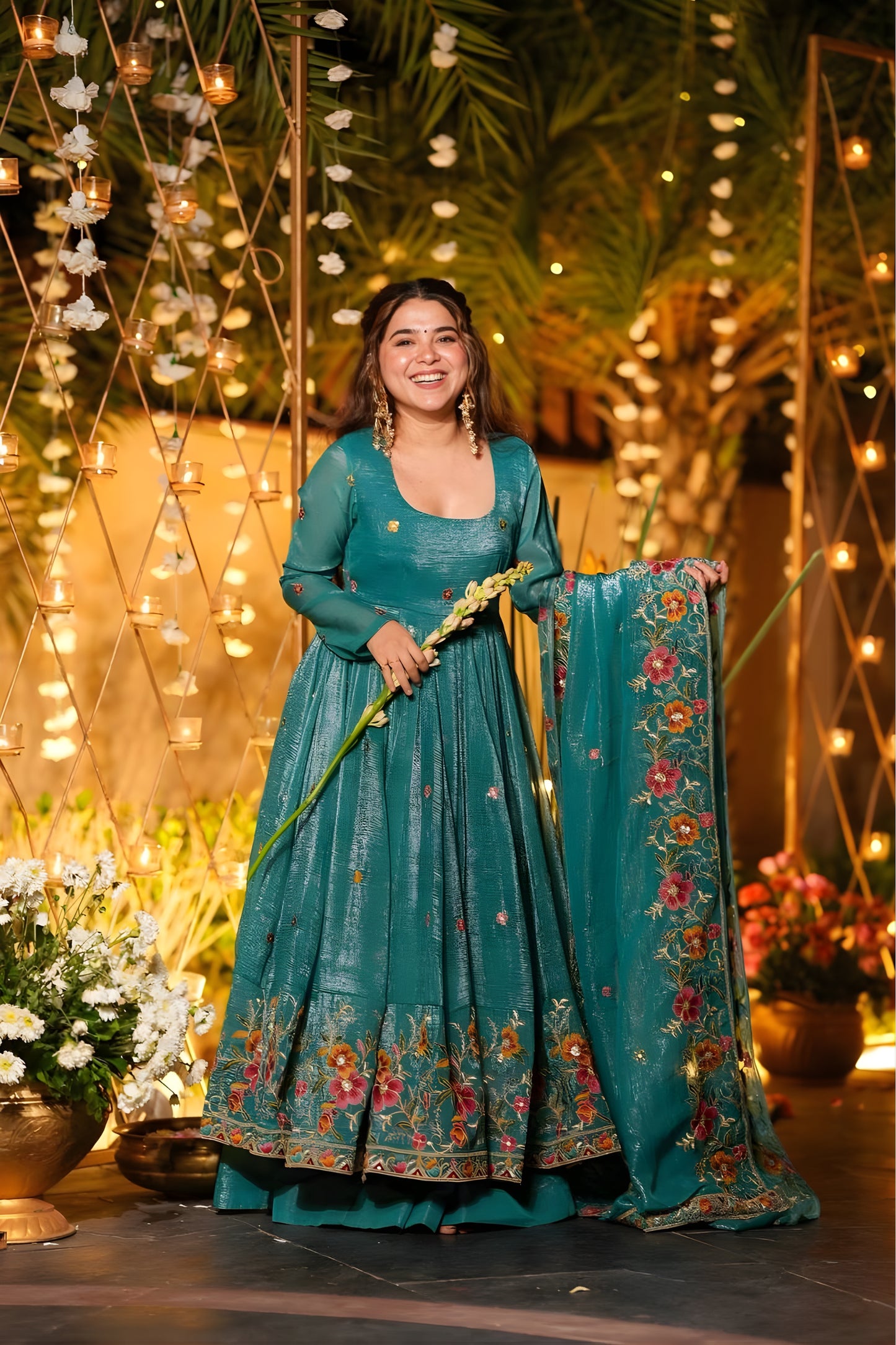 Superb Teal Green Embroidered Crunchy Silk Anarkali Suit with Floral Work and Matching Dupatta