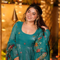 Superb Teal Green Embroidered Crunchy Silk Anarkali Suit with Floral Work and Matching Dupatta