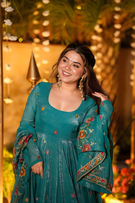 Superb Teal Green Embroidered Crunchy Silk Anarkali Suit with Floral Work and Matching Dupatta
