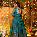 Superb Teal Green Embroidered Crunchy Silk Anarkali Suit with Floral Work and Matching Dupatta