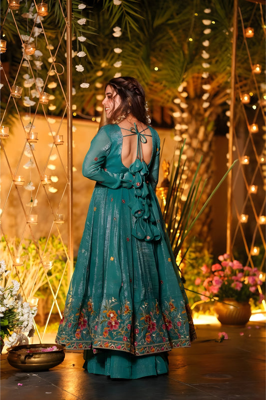 Superb Teal Green Embroidered Crunchy Silk Anarkali Suit with Floral Work and Matching Dupatta