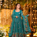 Superb Teal Green Embroidered Crunchy Silk Anarkali Suit with Floral Work and Matching Dupatta