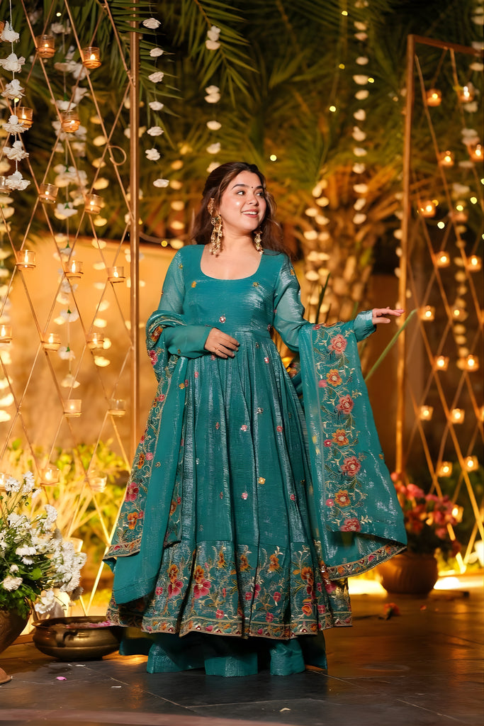Superb Teal Green Embroidered Crunchy Silk Anarkali Suit with Floral Work and Matching Dupatta
