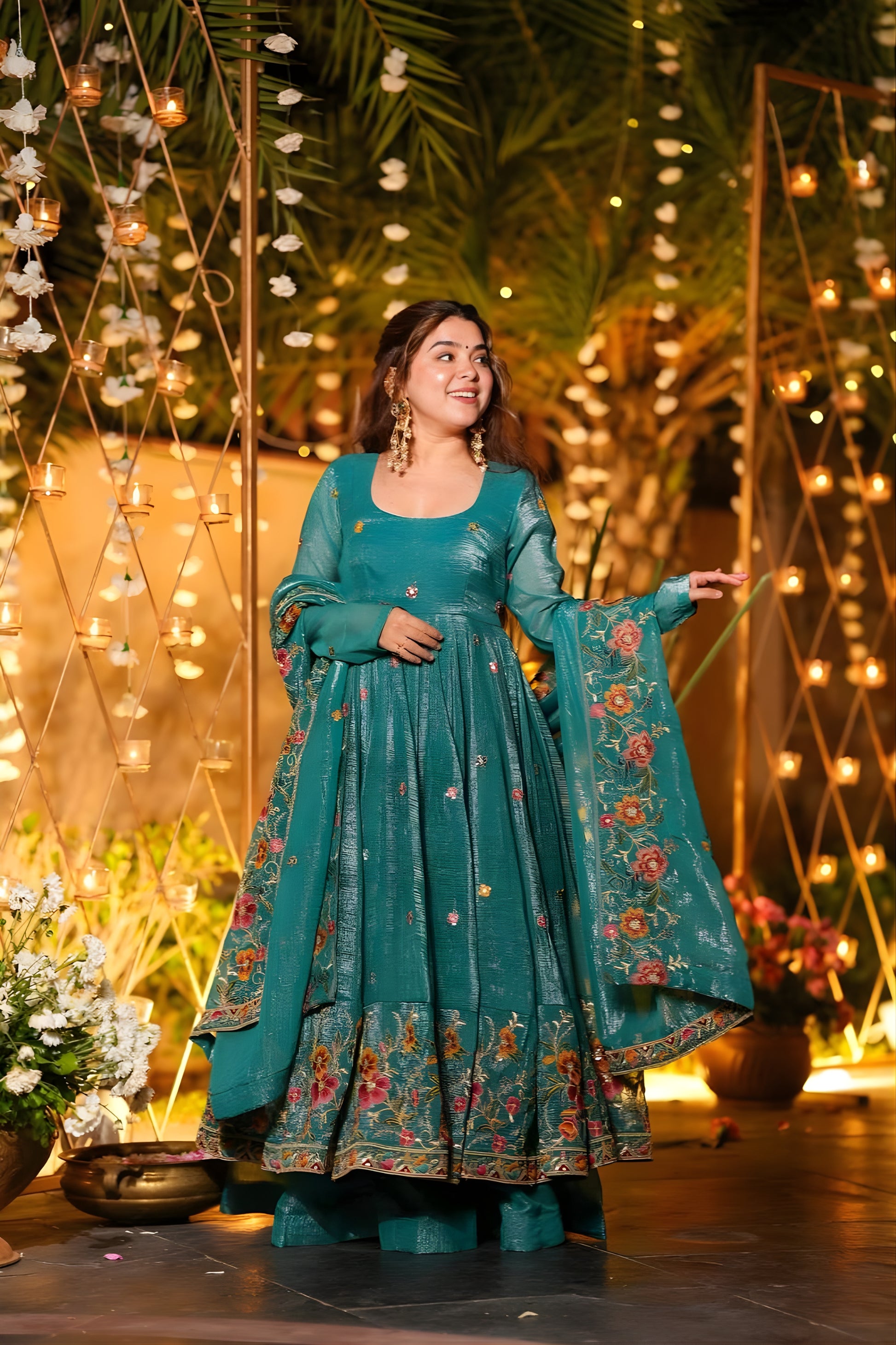 Superb Teal Green Embroidered Crunchy Silk Anarkali Suit with Floral Work and Matching Dupatta