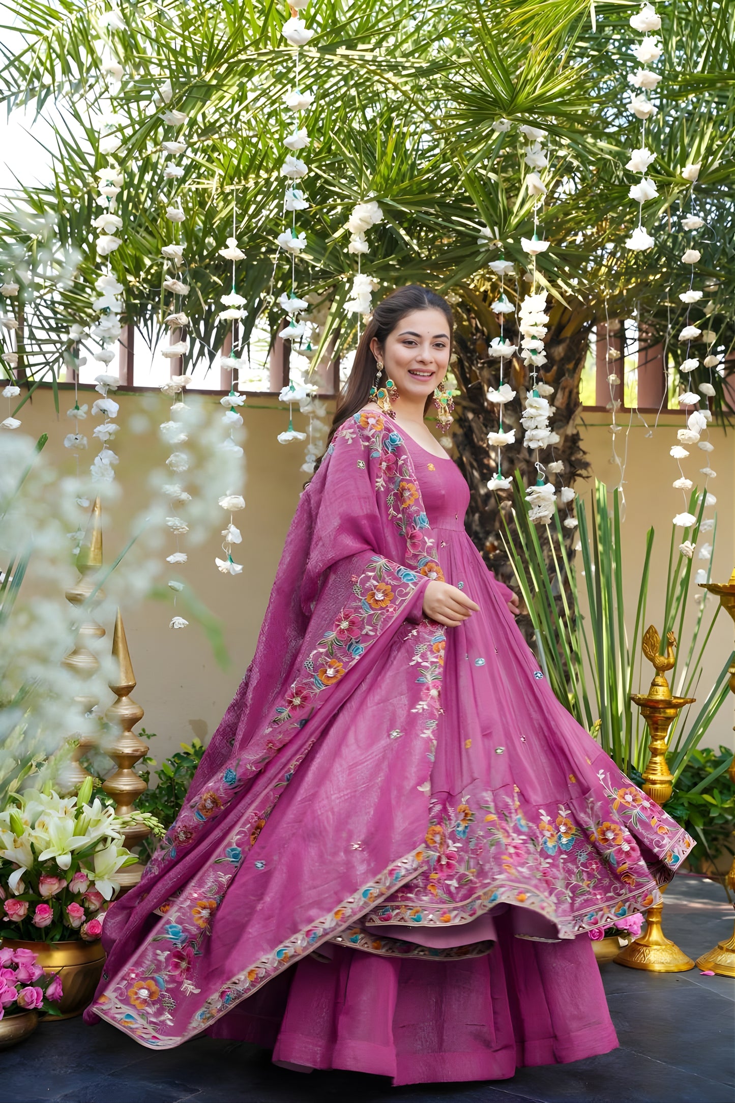 Beautiful Pink Embroidered Crunchy Silk Anarkali Suit with Floral Work and Matching Dupatta