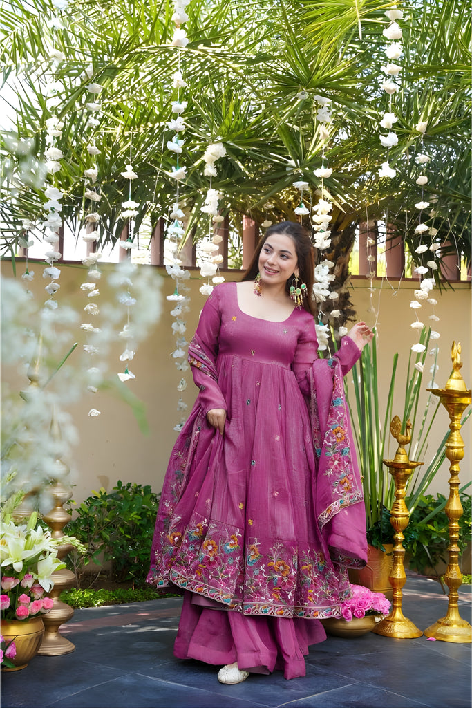 Beautiful Pink Embroidered Crunchy Silk Anarkali Suit with Floral Work and Matching Dupatta
