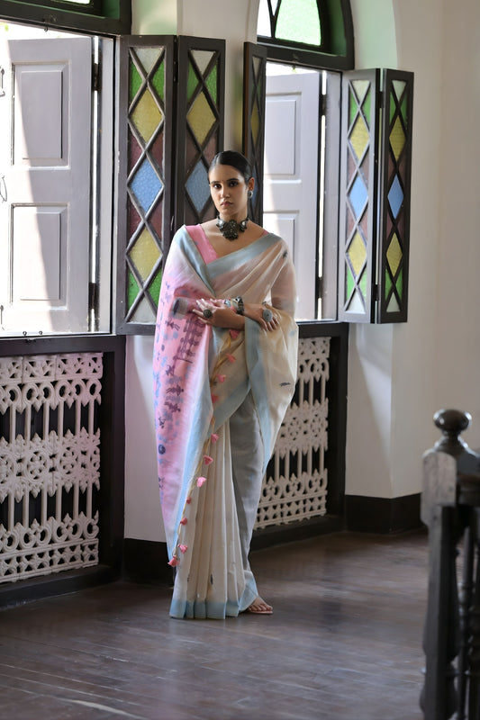 Off-White Handloom Cotton Saree with Pastel Pink Pallu Light Blue Border