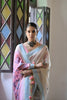 Off-White Handloom Cotton Saree with Pastel Pink Pallu Light Blue Border