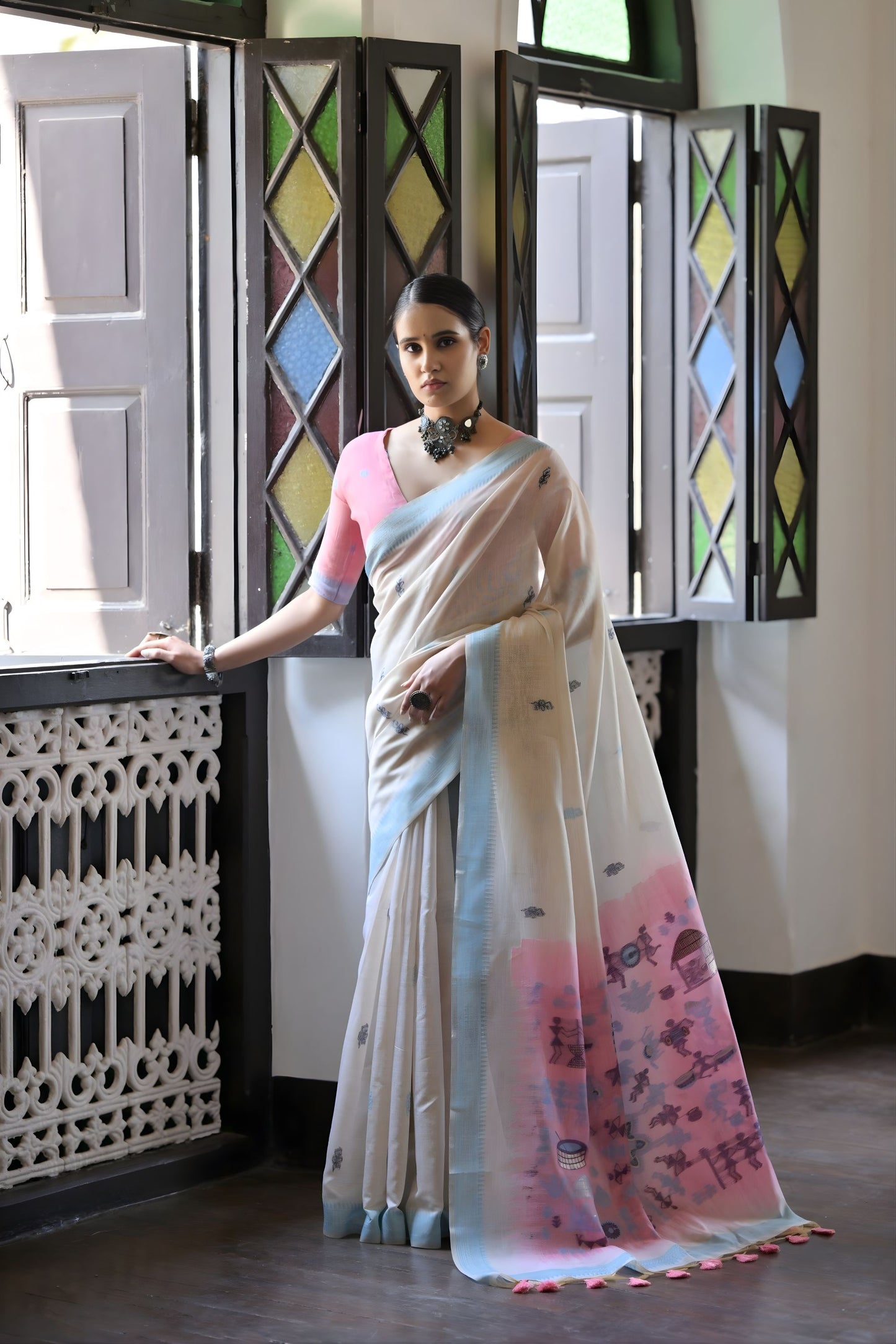 Off-White Handloom Cotton Saree with Pastel Pink Pallu Light Blue Border