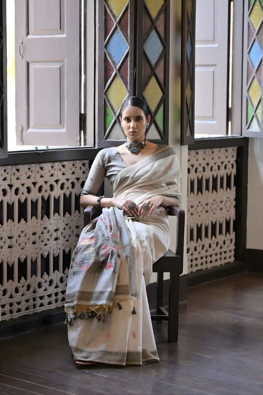 Off-White Handloom Cotton Saree with Tribal Art Print Grey Border