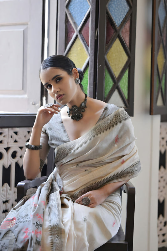 Off-White Handloom Cotton Saree with Tribal Art Print Grey Border